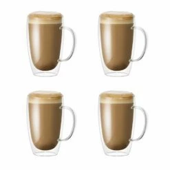 Baccarat Barista Cafe Set Of 4 Double Wall Handle Thermal Glass Tumblers 450ml